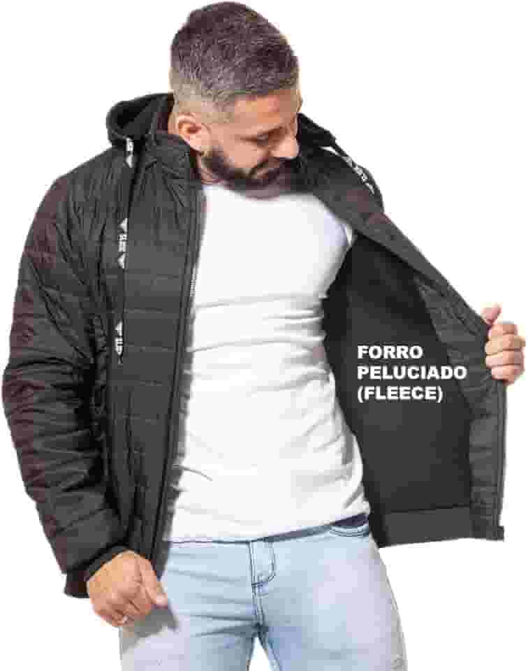 Jaqueta Masculina Forrada com Pelo Fleece Pelúcia Puffer Bobojaco de Inverno com Capuz Removível