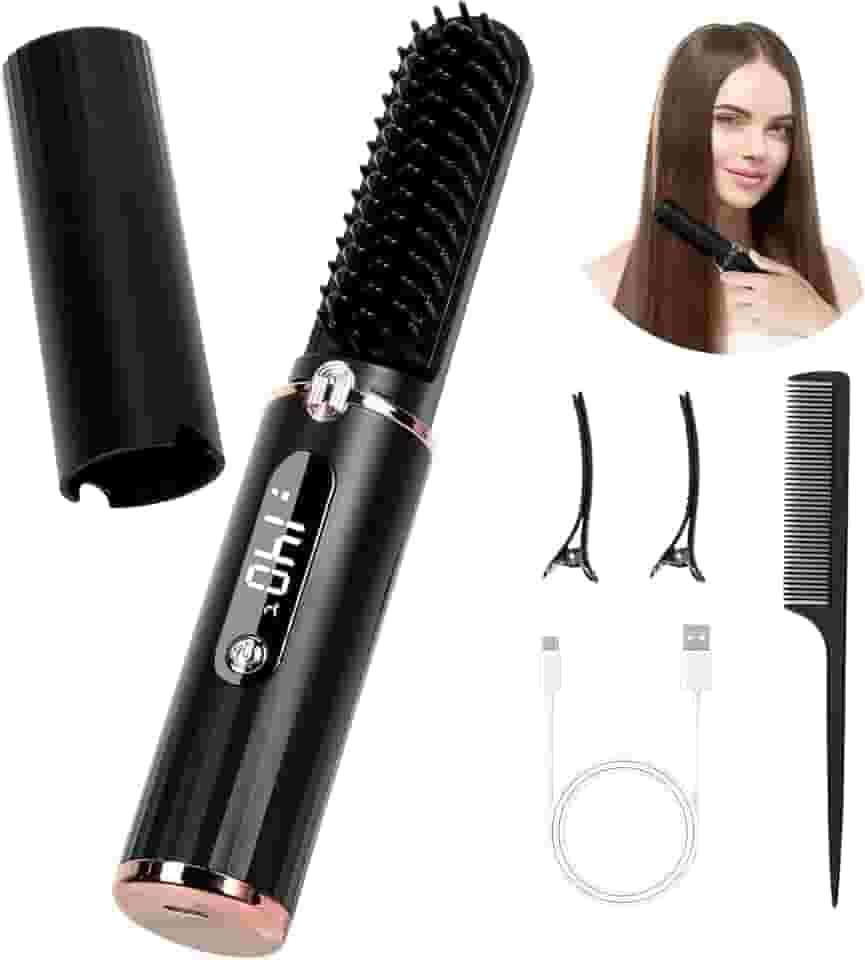 Escova Alisadora De Cabelo Sem Fio, Pente Quente Portátil, Alisadores Íons Negativos Para Mulheres, Barba Com 5 Temperaturas, Recarregável Via Usb, Anti-Queimaduras, Desligamento Automático