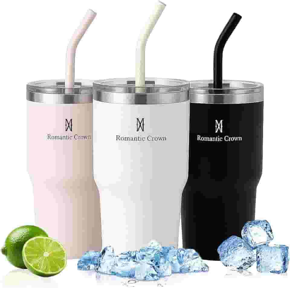 Romantic Crown Copo Térmico com Aço inoxidável Canudo e Tampa 591ml, Copos Garrafas Termico para viagem isolamento a vácuo,Caneca Termica Cafe,Água,Chá,Presente,Fitness (Creme-591ml)