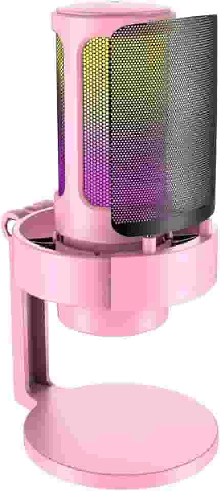 Microfone RGB Condensador Com Conector De Monitoramento De Fone De Ouvido USB Profissional Controle De Luz Gamer Para Computador Jogos Transmissao Ao Vivo Plug And Play - TOMATE (Rosa)