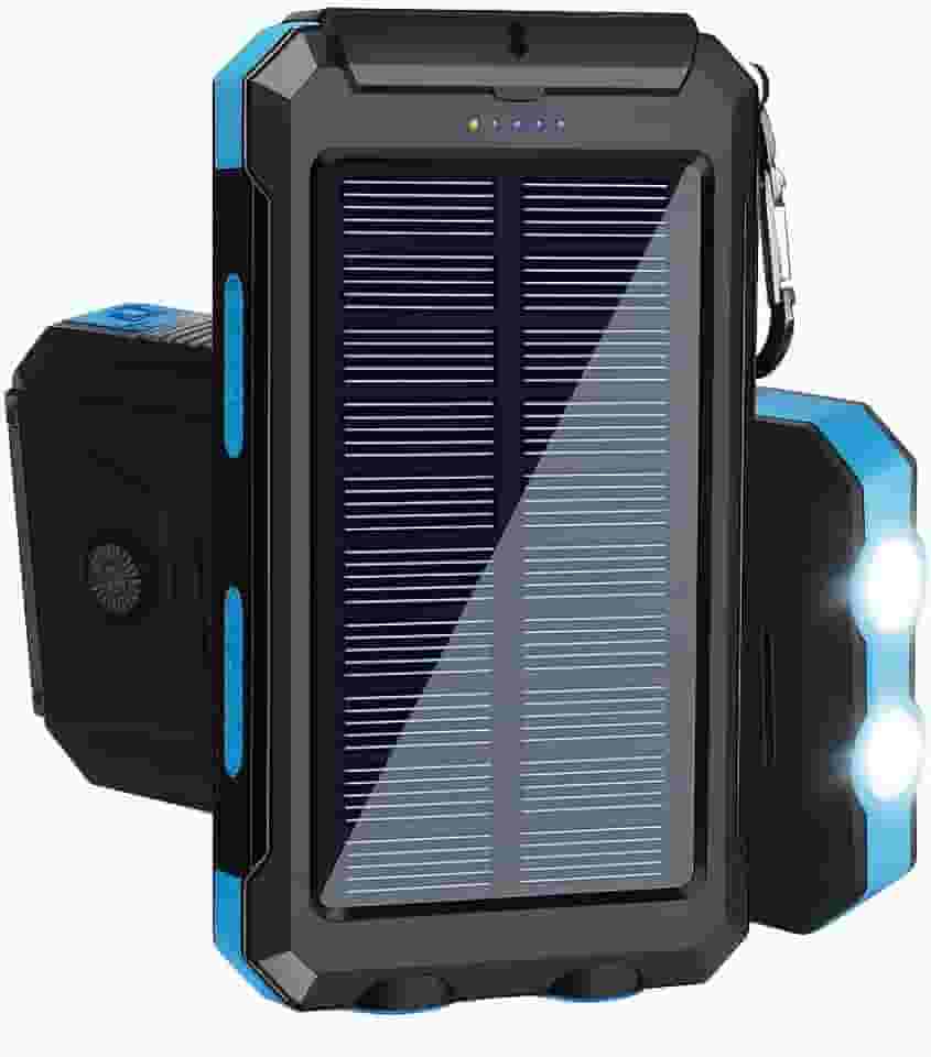 Power Bank Solar Portátil, 10000mAh, Preto, Carregamento Rápido, Bateria Solar com LED, USB Duplo, Resistente à Água IP4, para Smartphones e Dispositivos USB (Azul)