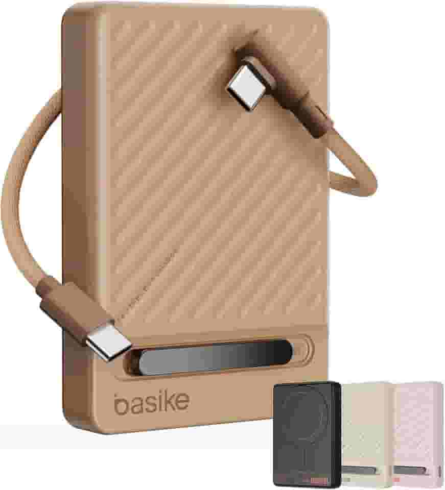 Basike, Power Bank Indução10000 mAh, Carregador Portatil Indução, Carregamento Rápido Máximo de 22,5W, Cabo USB-C Removível e Suporte Ajustável, para iPhone Série 16/15/14/13/12, AirPods (Marrom)