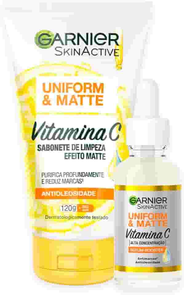 Garnier Uniform & Matte, Kit Skincare Creme de Limpeza Facial Vitamina C 120g e Sérum Booster Antimarcas 15ml, Efeito Peeling, Reduz Marcas e Oleosidade, Pele Uniforme e Hidratada
