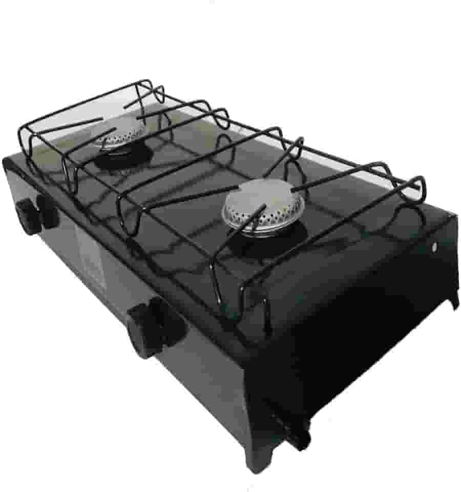 Fogão Portátil 2 Bocas a Gás, Preto, Estilo Camping, Metal, com Grade Protetora