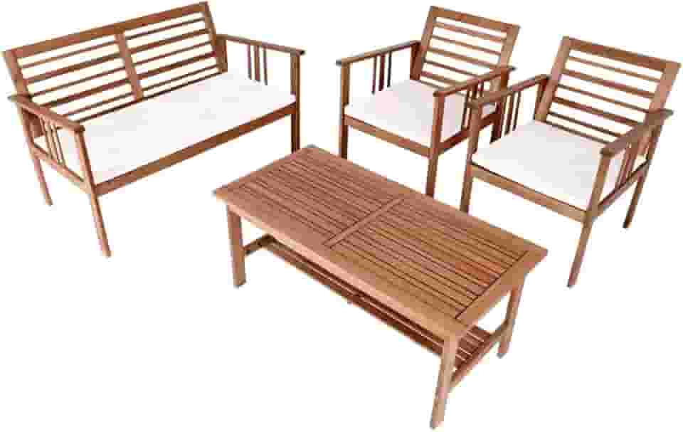 Conjunto Banco, Poltronas e Mesa de apoio Cancun Madeira Maciça`