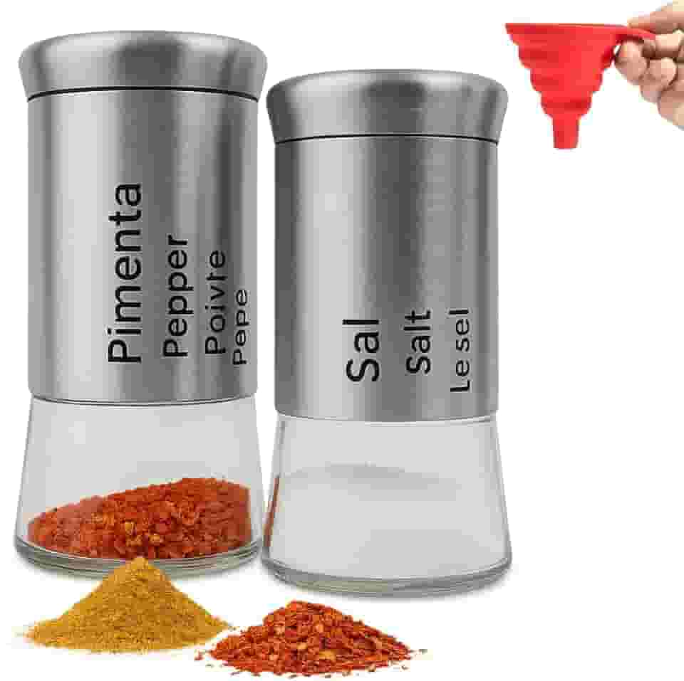 Kit Premium Saleiro e Pimenteiro com Funil de Silicone Saleiro Vidro Saleiro Inox Porta Sal Saleiro de mesa Saleira - Bertaglia®