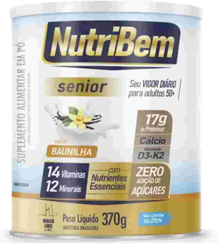 NutriBem Senior, Suplemento Alimentar em Pó Sabor Baunilha, 370g, com 17g Proteínas, Cálcio, Vitaminas, Zero Açúcar