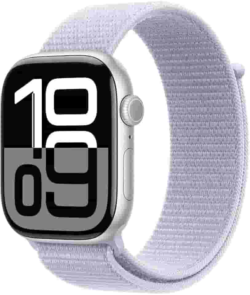 Apple Watch Series 10 GPS • Caixa prateada de alumínio – 46 mm • Pulseira loop esportiva nuvem azul