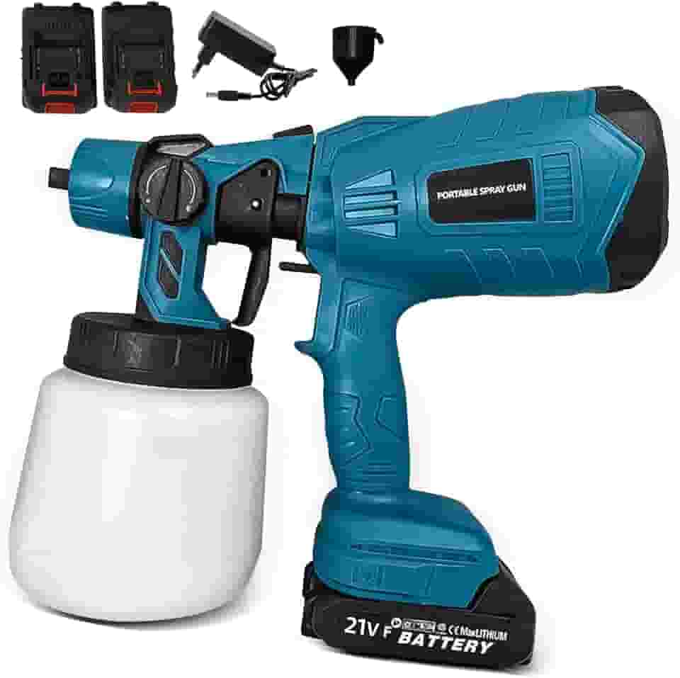 Pistola de Pintura Elétrica Profissional Compressor Com Bateria e Regulagem de Spray Com 1000ml Com 2 Baterias 36V Azul