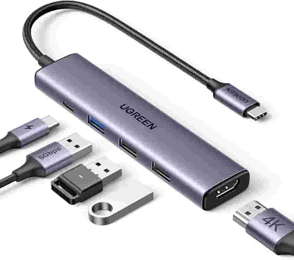 USB C Hub 5 em 1 adaptador multiporta 4K HDMI, fornecimento de energia de 100 W, 3 portas de dados USB-A, dongle USB C para MacBook Pro/Air, iPad Pro, iMac, iPhone 15 Pro/P