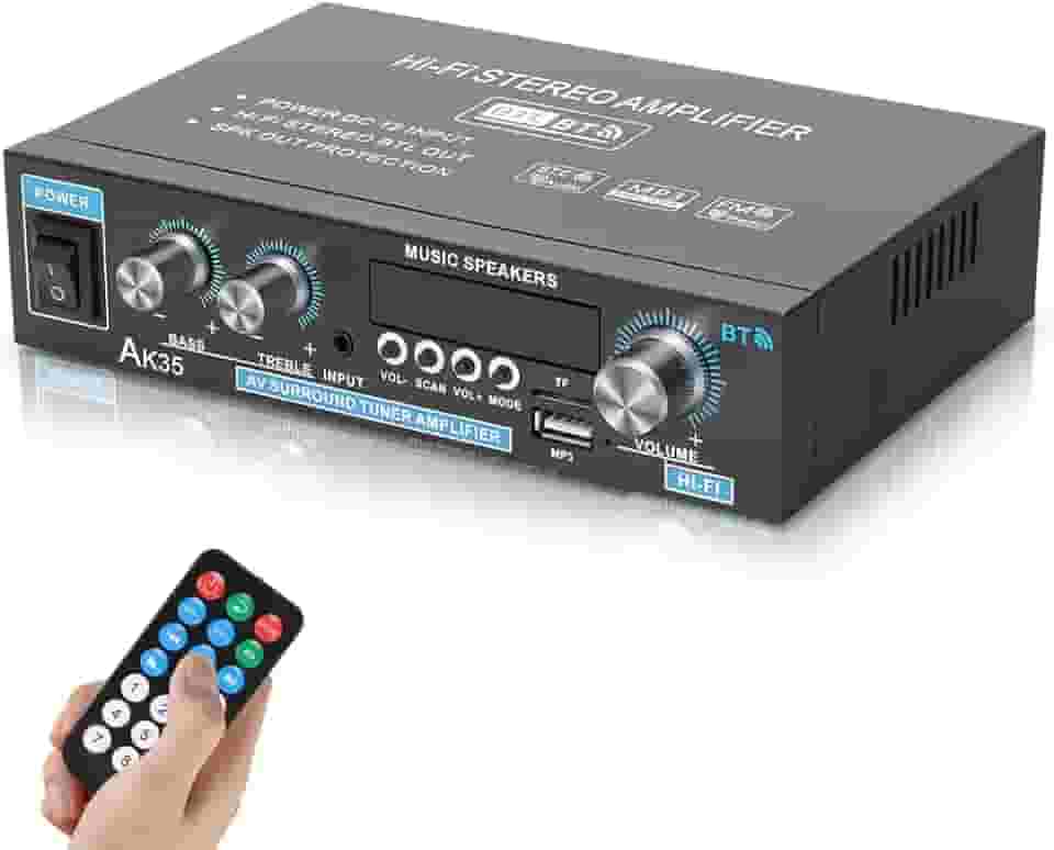 Amplificador de Som, 90W + 90W Mini Amplificador Digital, Amplificador de Alta Potência de 2 Canais, Suporte para Cartão TF, Interface AUX, Disco U e Reprodução de MP3, Suporte para Ligação Bluetooth