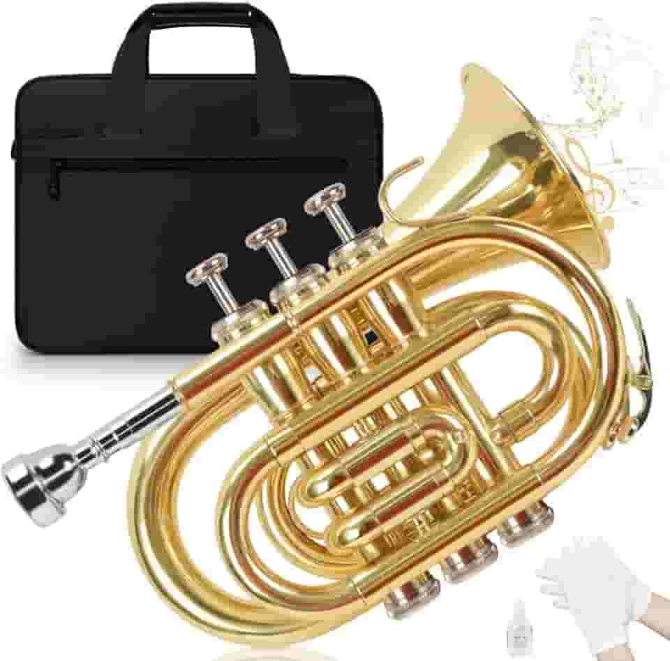 Trompete, Trompete Padrão Bb em latão Banhado a Ouro com Estojo Rígido, Bocal, Pano de Limpeza para Estudantes e Adultos Iniciantes (Ouro)