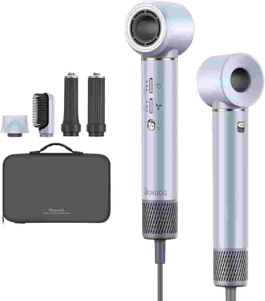 GOKOCO Secador de Cabelo 5 em 1 Conjunto, Escova Secadora 1400W Alta Velocidade 110000 Rpm, Kit Modelador Liso e Cacheado com Bocal Magnético Compatível com 110v e 127v, Prata