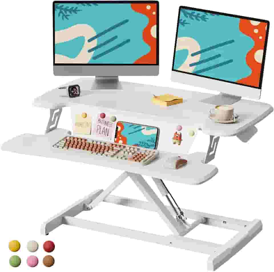 JOY worker Conversor de mesa em pé, suporte de mesa ajustável de 81 cm de altura com bandeja de teclado e 6 ímãs de geladeira, elevador de estação de trabalho de mesa para computador e laptop, branco