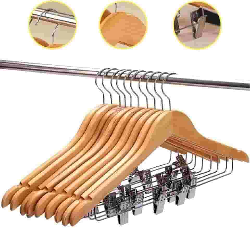 Kit 10 Unidades Cabide de Madeira 44cm Premium com Presilha Marfim