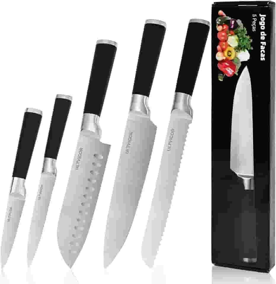 Conjunto de Facas 5 Peças, 4CR13 Aço Inoxidável Afiado e Durável, Cabo antiderrapante, Corte Preciso para Cozinhas Domésticas, Inclui Faca de Chef, Santoku (Preto)