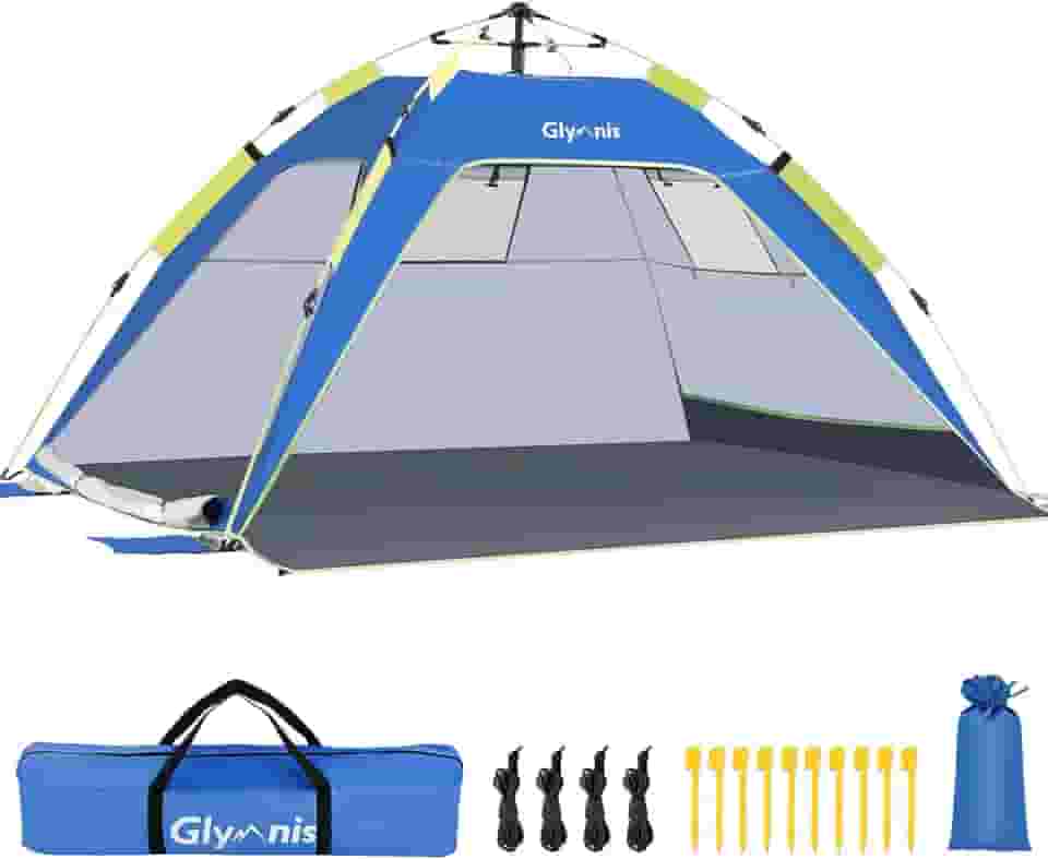 Glymnis Barraca de praia para 3 a 4 pessoas com proteção UV, 3 janelas dobráveis para ventilação, piso extensível e bolsa de transporte, pinos para barraca para acampamento na praia e jardim