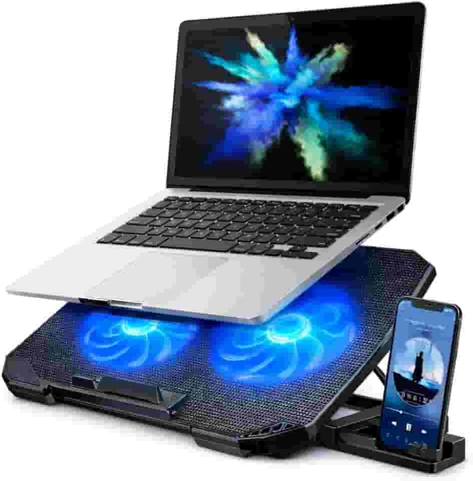 Suporte para Notebook Base Ergonômica Silencioso LED Azul 8 Níveis de Altura Refrigerada com 2 Coolers Potentes e com Suporte de Celular Integrado Premium