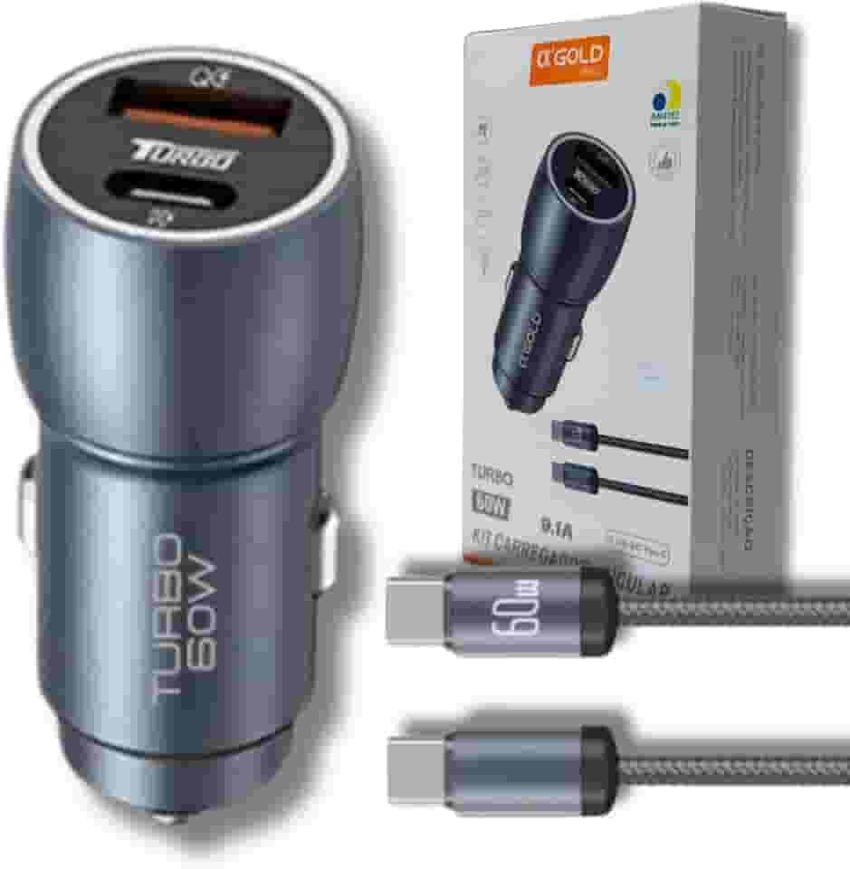 Carregador Veicular Turbo 60W Pro, Kit com Cabo USB-C. Duas portas USB 3.0 + USB-C, Led, Carregamento Rápido 9.1A Fast Charge Carro/Automotivo Compatível com IOS e Android – Premium (Cinza)