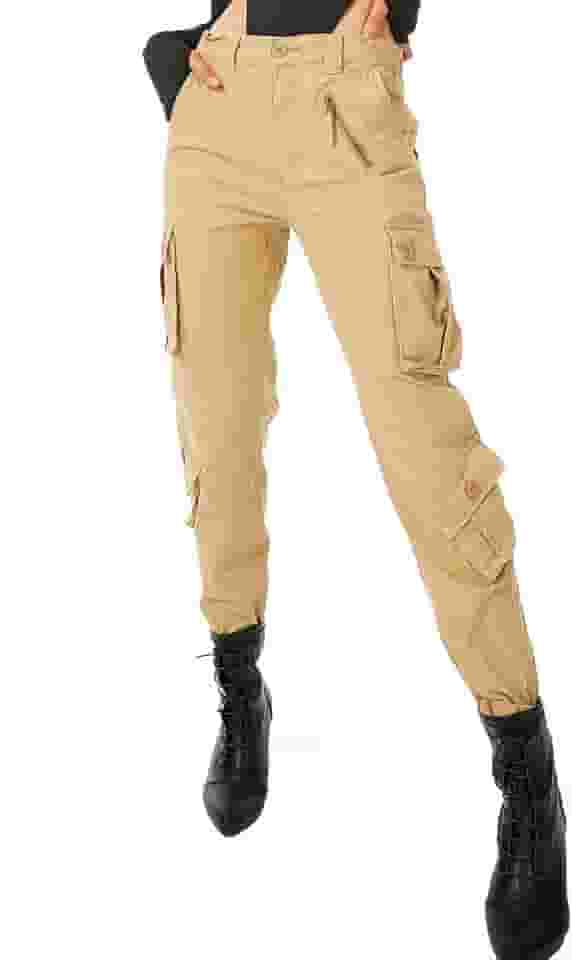 Calça cargo militar feminina casual de algodão com 8 bolsos