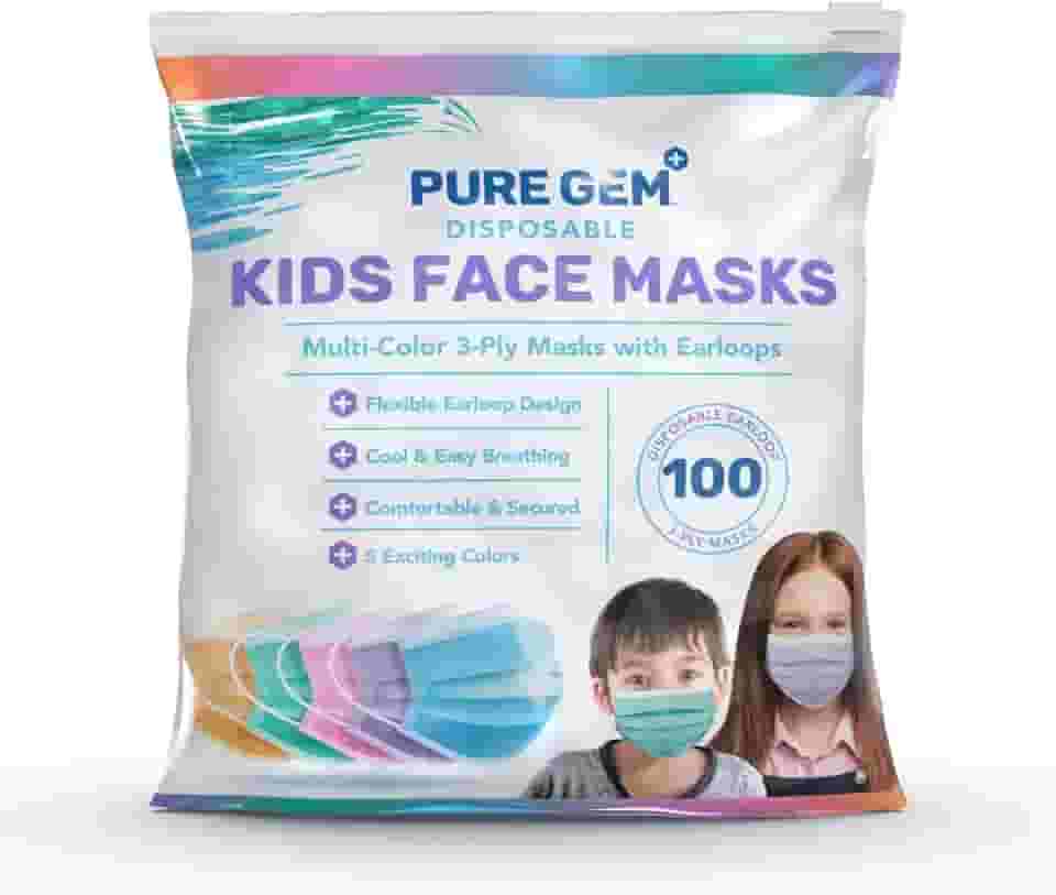PURE GEM [Pacote Com 100] Máscaras Faciais Descartáveis Para Crianças, Meninos E Meninas, Máscaras De 3 Camadas, Capa Facial Com Elásticos Para Orelhas, Para Creche, Escola (Coloridas)