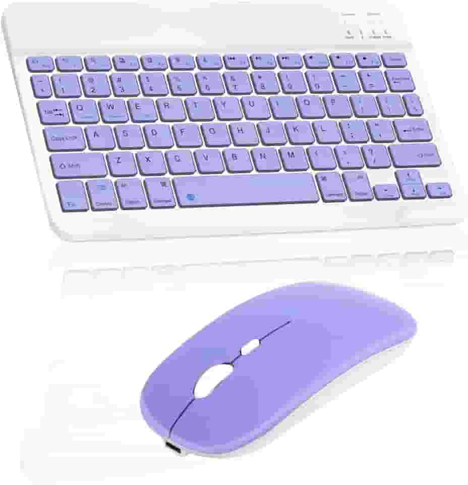 Combo Teclado e Mouse Bluetooth Sem Fio, Ultrafino e Recarregável - Compatível com Tablets Android, iPhone, iPad, Windows Surface e Mais (Roxo)