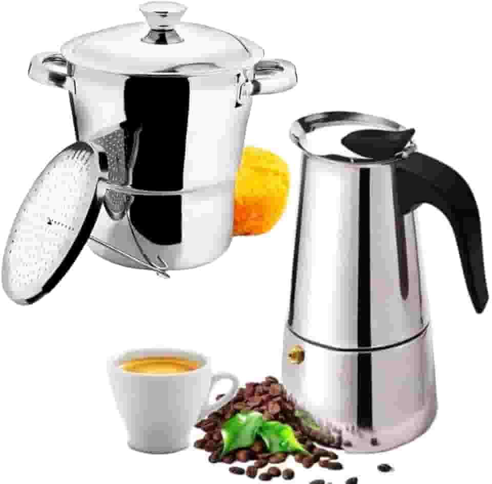 Kit Panela Cuscuzeira Inox Grande 16cm + Cafeteira Italiana Expresso 6 Xícaras fogão indução, a gás, e fogão Elétrico
