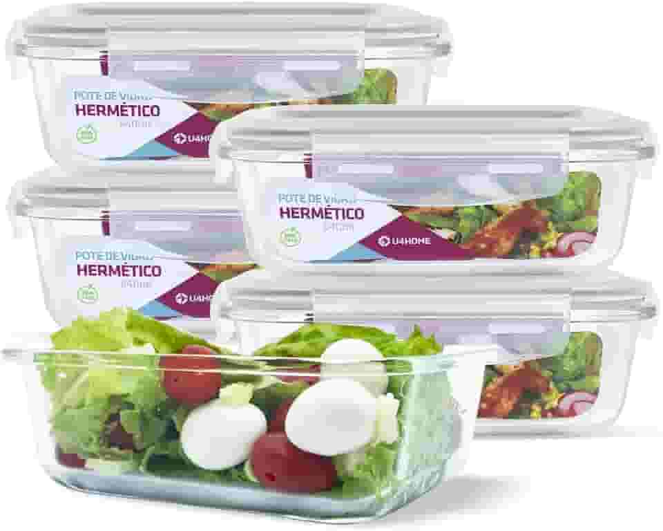 KIT 5 Potes de Vidro Retangular com Tampa Hermética 640ml Cor:Branco (QH)
