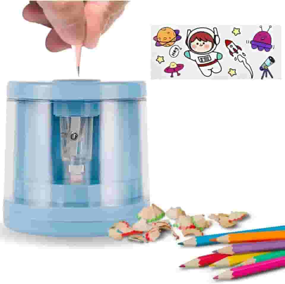 Apontador Elétrico Automático com Lâmina de Aço Inoxidável, Depósito para Resíduos, Design Moderno e Prático – Ideal para Estudantes, Escritório e Uso Diário Professor, faculdade - TYDA (AZULCLARO2)