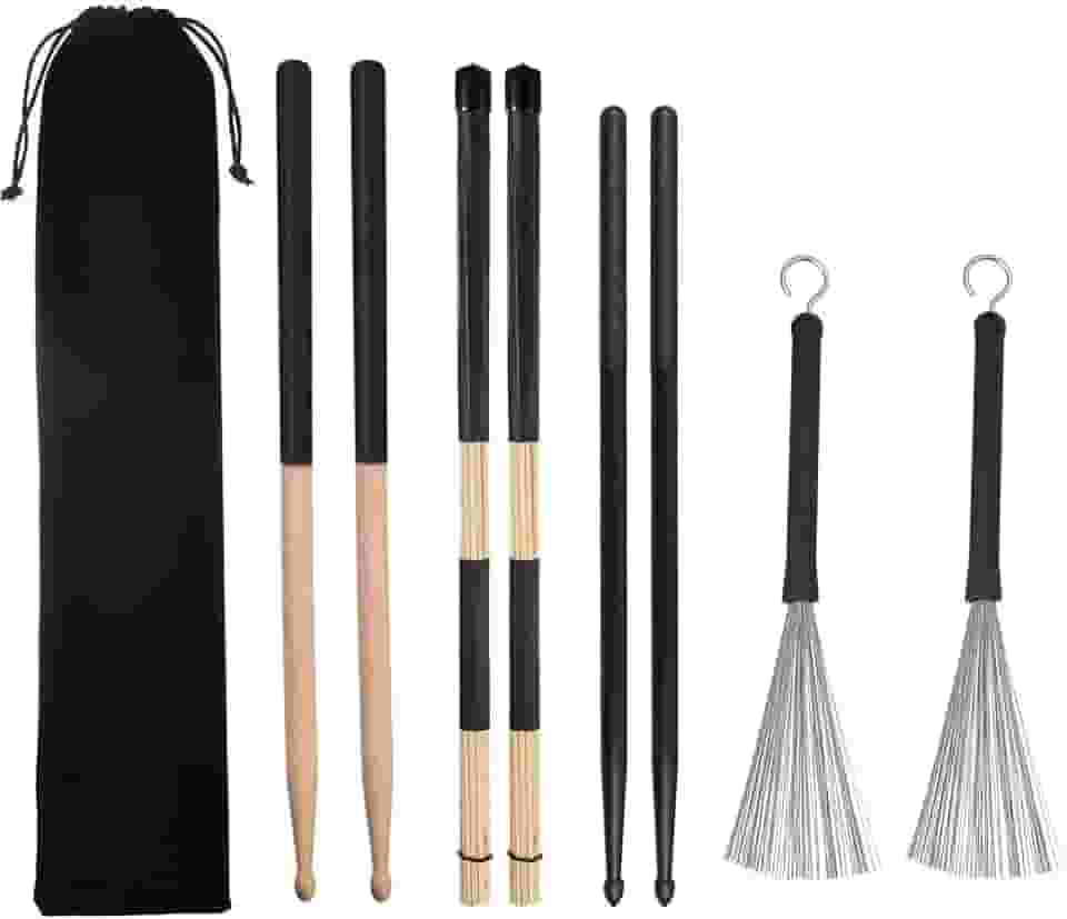 Conjunto de baquetas de bateria 1 par de baquetas clássicas de madeira, 1 par de baquetas de tambor de nylon, 1 par de escovas de arame retráteis e 1 par de varas, conjunto de escovas de