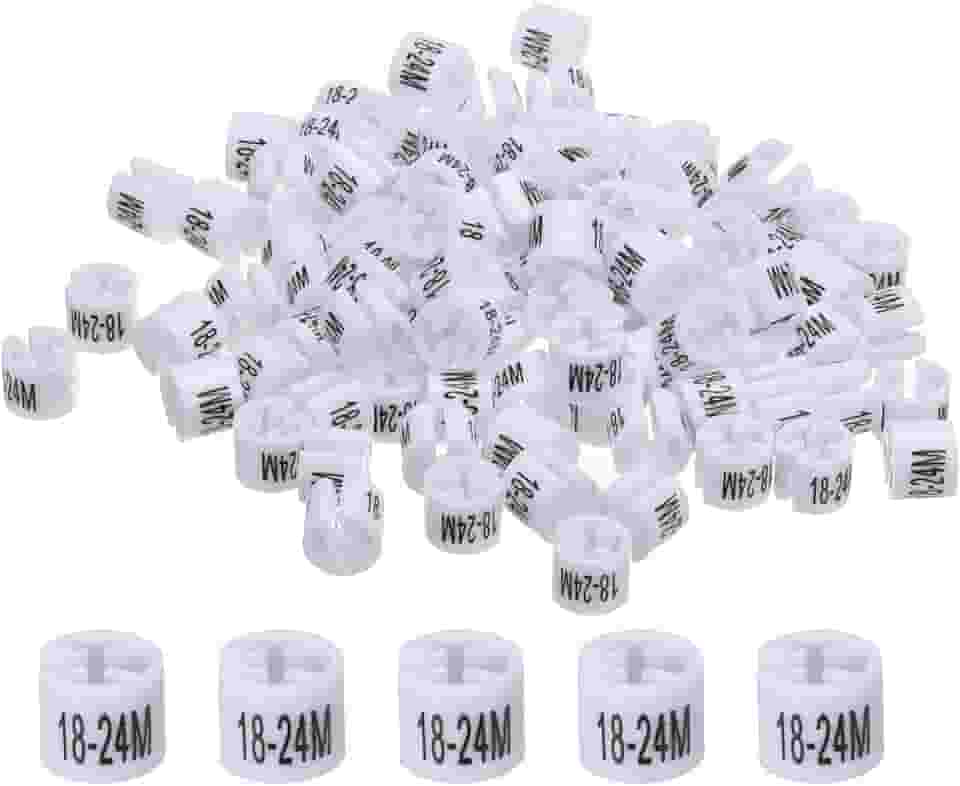 Marcador de cabide de roupas (18 a 24 m, branco), tamanho colorido, marcadores de roupas para roupas de vestuário, código de cores, pacote com 100