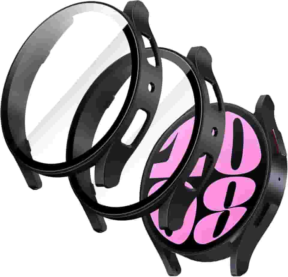 JETech Capa com Protetor de Tela para Samsung Galaxy Watch 6 40mm, Case Capinha Protetora Geral, Película de Vidro Temperado Embutida de Alta Sensibilidade, Pacote com 2 (Preta)