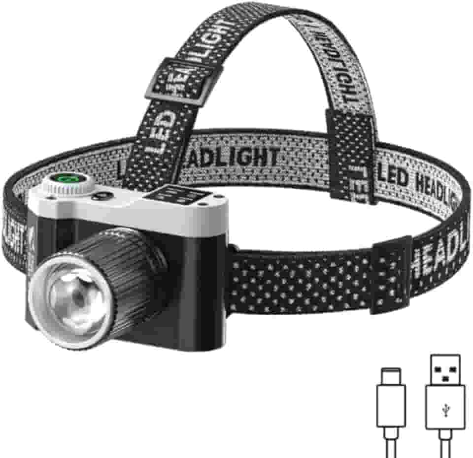 Lanterna de Cabeça LED Recarregável com Zoom Ajustável Foco Regulagem de Inclinação até 90 Graus Fita Ajustavel Ciclismo Pesca Bike Caminhada Acampamento Corrida