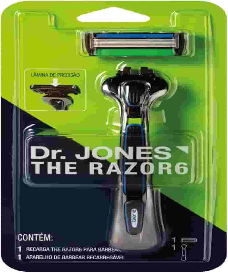 DR. JONES Aparelho de barbear com 6 lâminas, fita lubrificante, cabo ergonômico e faixa de segurança