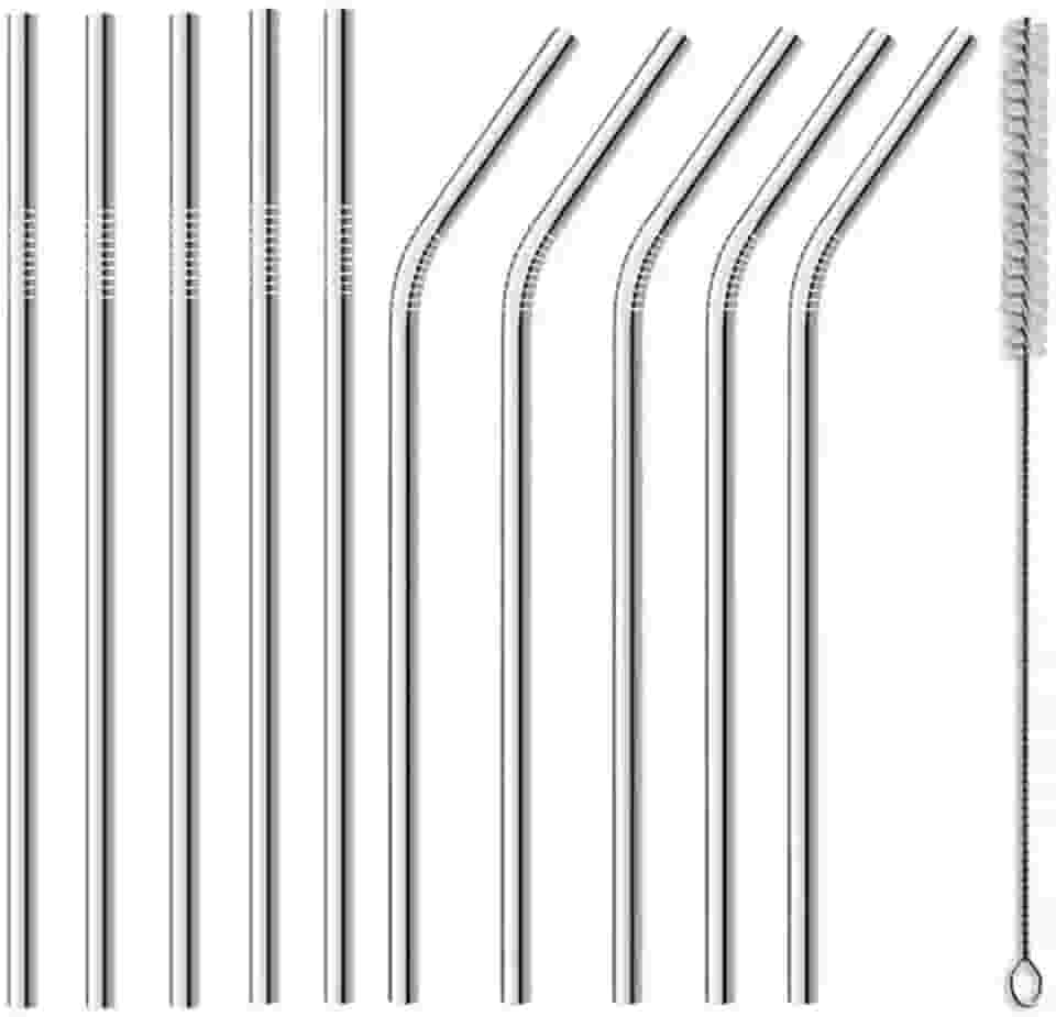Canudo Inox Reutilizável Ecológico 10 Unidades 5 Retos 5 Curvos + Escova