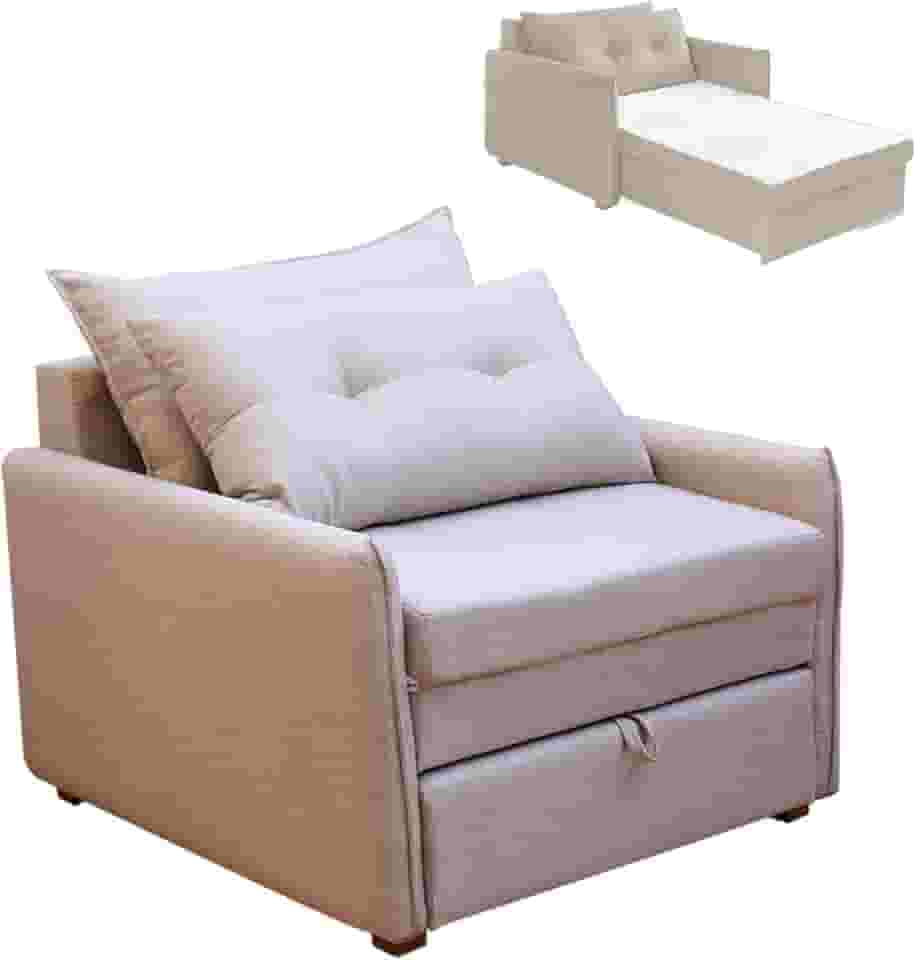 Sofá Cama Retrátil Solteiro Linho Estofado com Almofada Montreal (Bege)