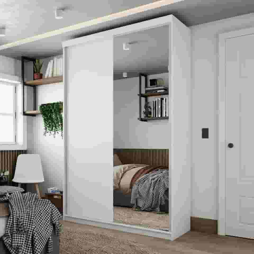 Guarda-roupa Solteiro 100% Mdf Bp com 2 Portas e 1 Espelho Geneve Branco