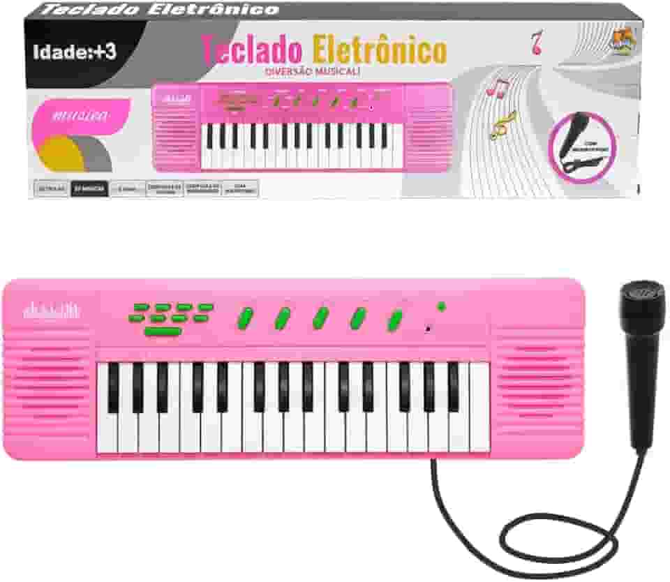 Teclado Musical Eletrônico Infantil Rosa 32 Teclas com Microfone Várias Funções