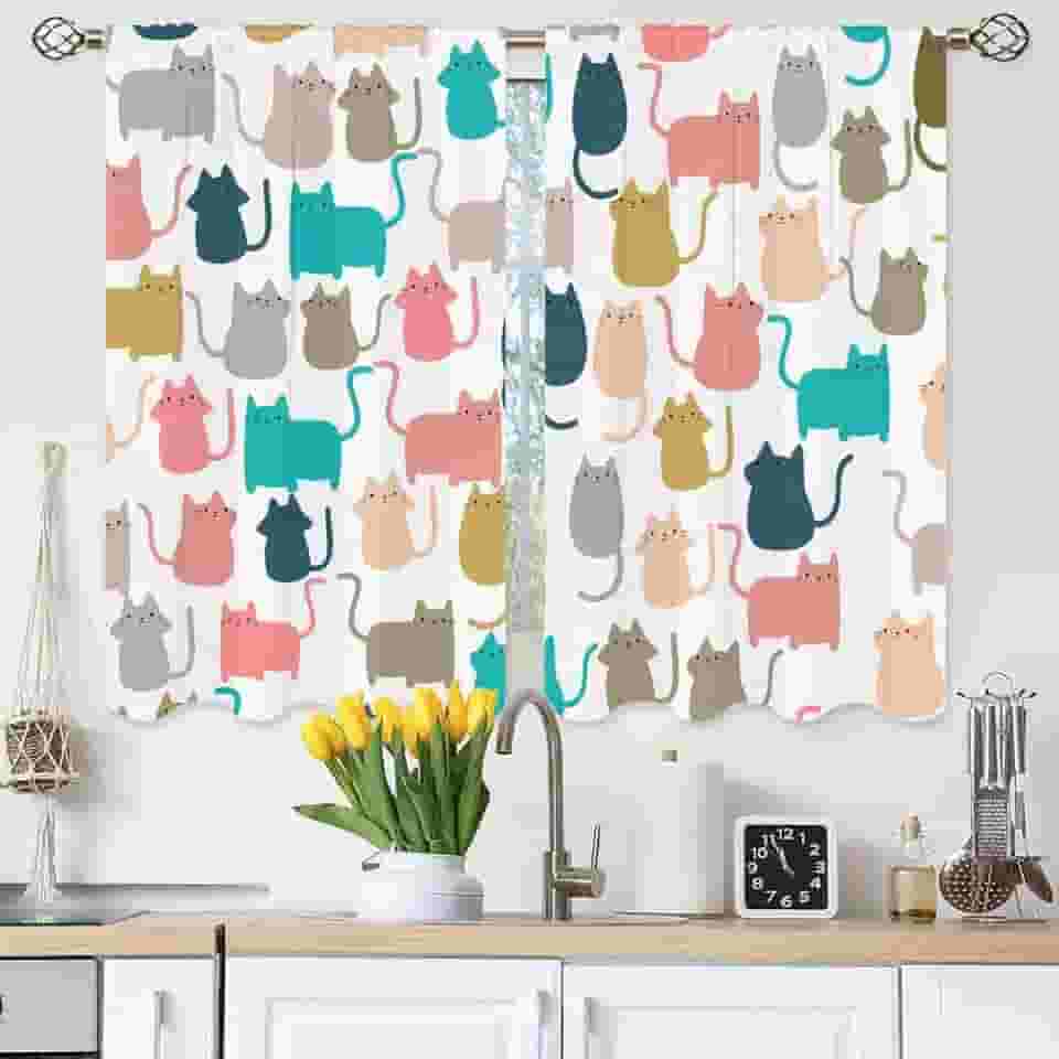 Lindas cortinas de cozinha gatinho colorido desenho animado gato feliz animal cortinas de camada curta para banheiro café cortinas pequenas tratamento 2 painéis (27,5 x 39 polegadas)