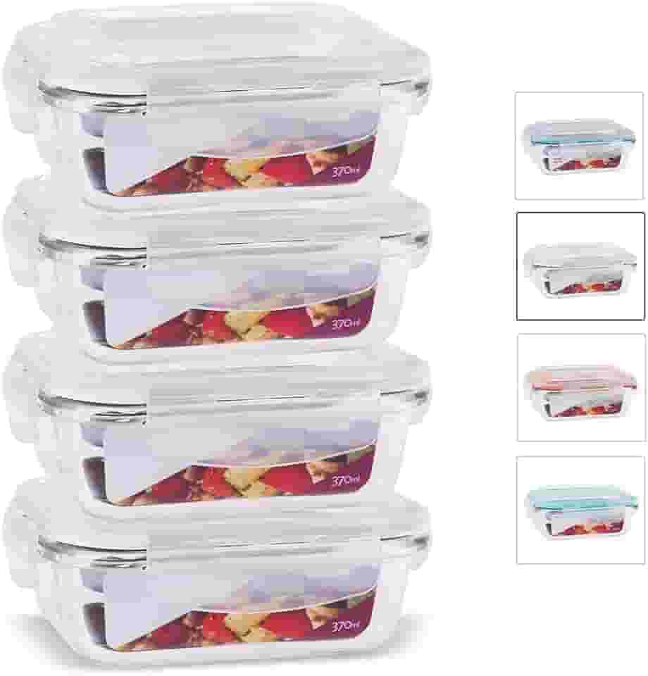 KIT 4 Potes de Vidro Retangular com Tampa Hermética 370ml Cor:Branco (QH)