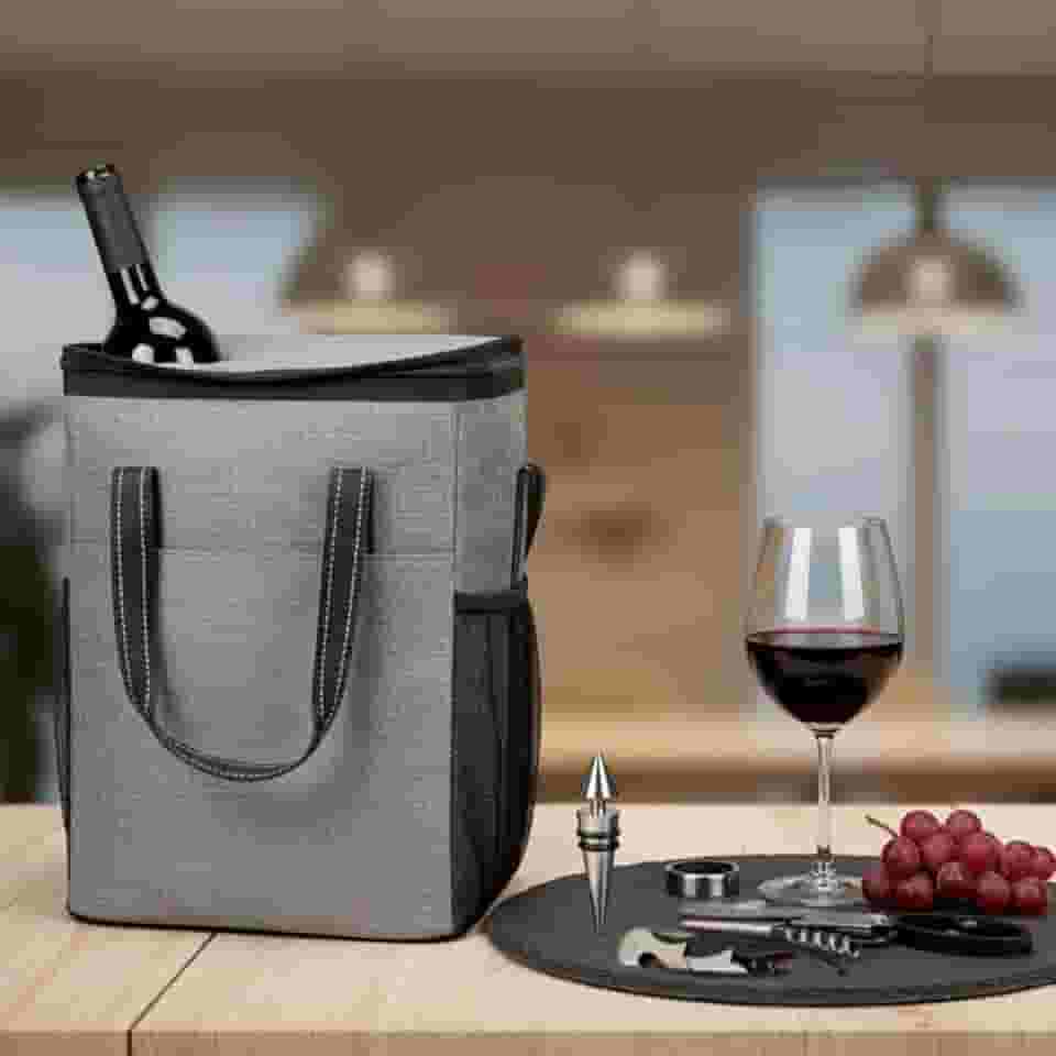 KIT AMANTE DE VINHOS | 1 Bolsa Térmica para 6 Garrafas + Kit Sommelier 5 peças | Apreciadores de Vinho | Presente Criativo
