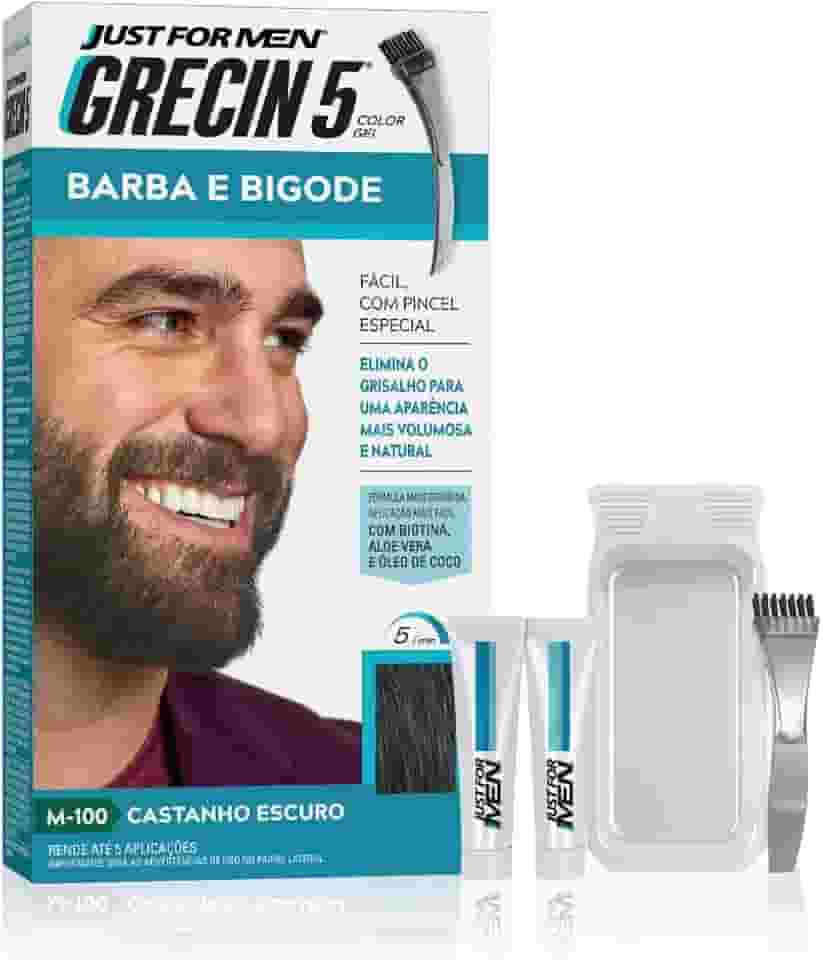 Just For Men Grecin 5 Color Gel, Barba e Bigode, Tonalizante que Elimina o Grisalho, Aparência Natural, Cor M100, Castanho Escuro, 28g