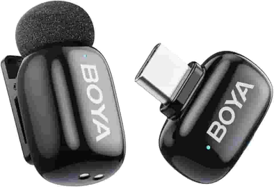 BOYA Mini microfones sem fio para iPhone 15-16/Android/PC com plugue USB-C, cancelamento de ruído AI de 3 níveis, trocador de voz, bateria de 100 metros 6h para gravação de vídeo, podcast, entrevista