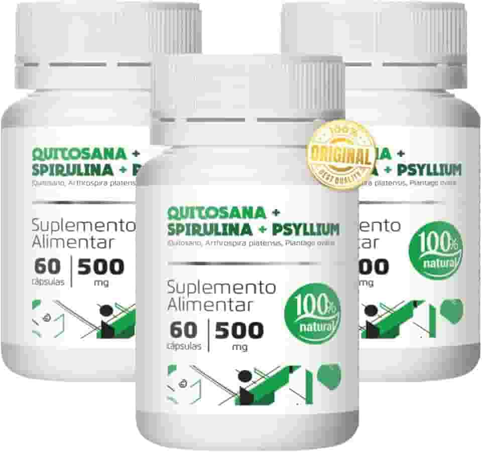 Quitosana Spirulina Psyllium - Kit 3 Frascos - 60 Cáps Cada