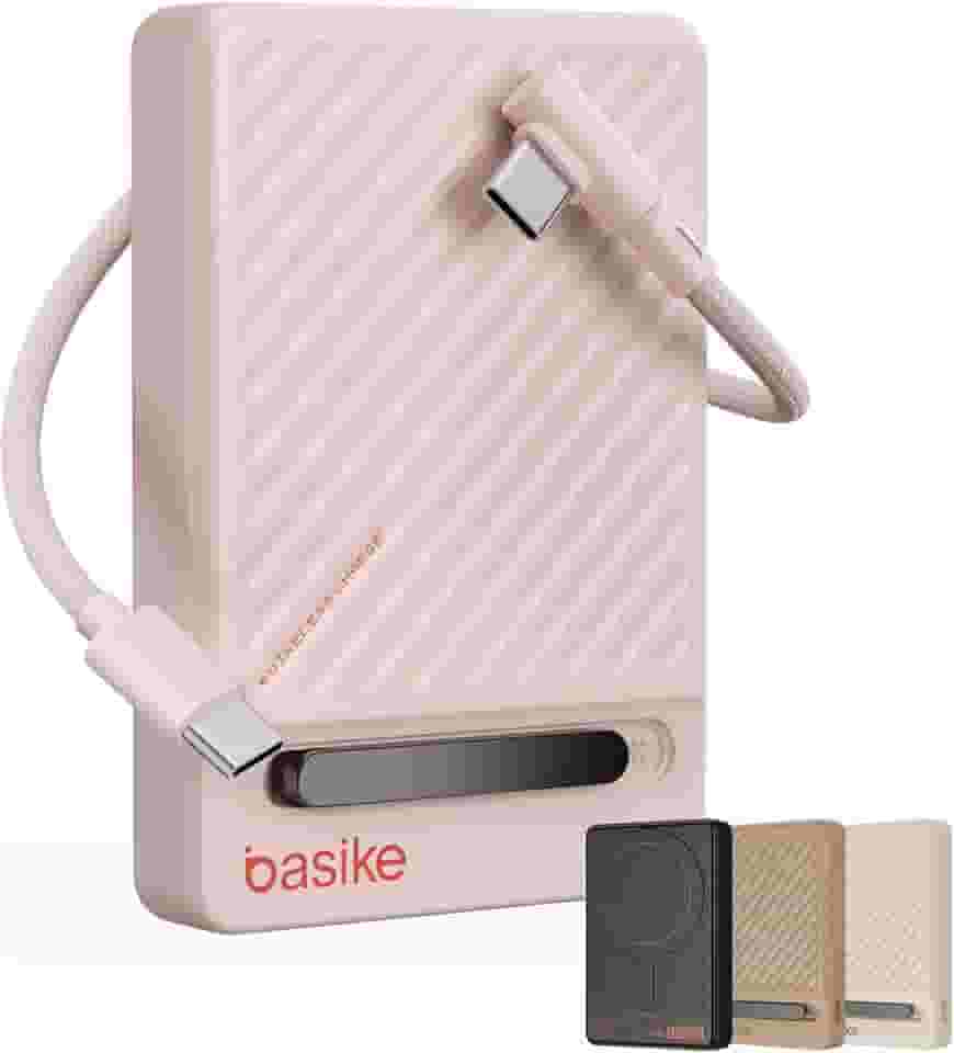 Basike, Power Bank Indução10000 mAh, Carregador Portatil Indução, Carregamento Rápido Máximo de 22,5W, Cabo USB-C Removível e Suporte Ajustável, para iPhone Série 16/15/14/13/12, AirPods (Rosa)