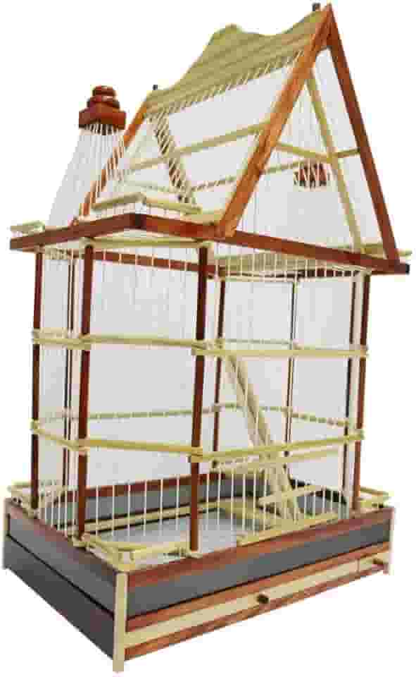 Gaiola Passarinho Em Madeira - Duas Torres Decorativa Canário/Azulão/Curió Natural