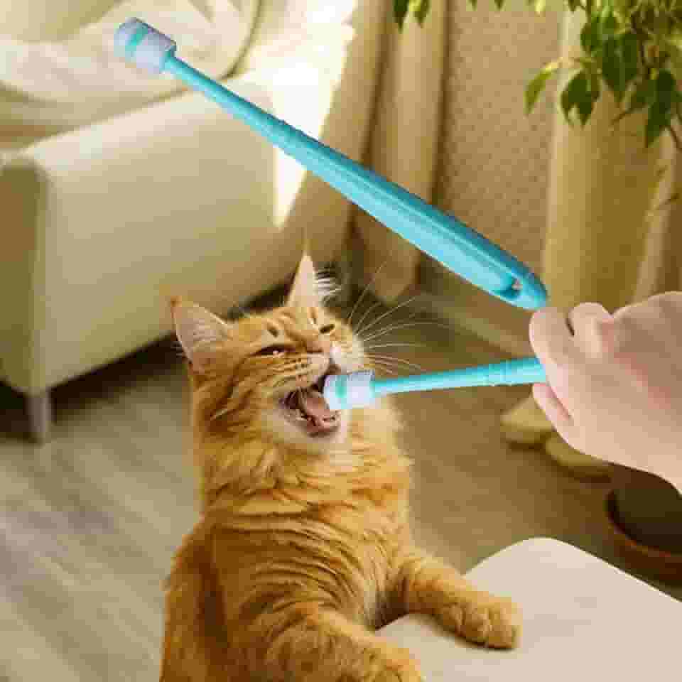 1 escova de dentes pequena de 360 graus para cães e gatos, cerdas de diâmetro de 1,3 cm, kit de limpeza de dentes profundos de silicone macio (azul)