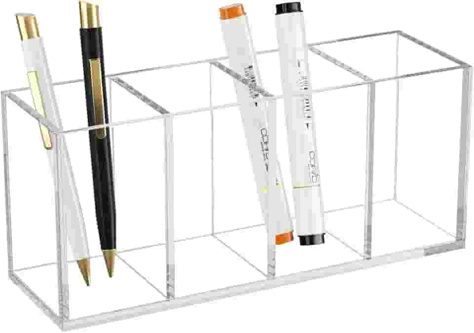 HIIMIEI Suporte de caneta de acrílico, acessórios de mesa, copo de lápis para caneta marcador de régua, organizadores de maquiagem de acrílico transparente para pincel de maquiagem, esmalte de unha, pinça, olho preto, delineador (8,9 x 3,9 x 3,9, 4 cubos)