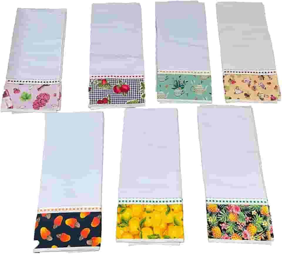Kit 7 Peças Pano de Prato em Algodão, Branco com Barrado Estampado, 50 x 70 cm, Sacaria Pé de Galinha para Cozinha