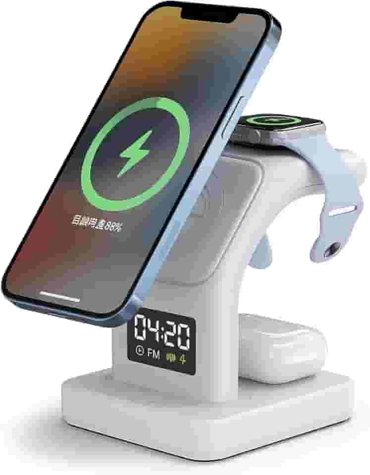 Base de Carregamento Carregador Mag-Safe 5 em 1, Carregador Indução sem Fio com Luz Noturna, Compatível com iPhone, Apple Watch e AirPods, Branco